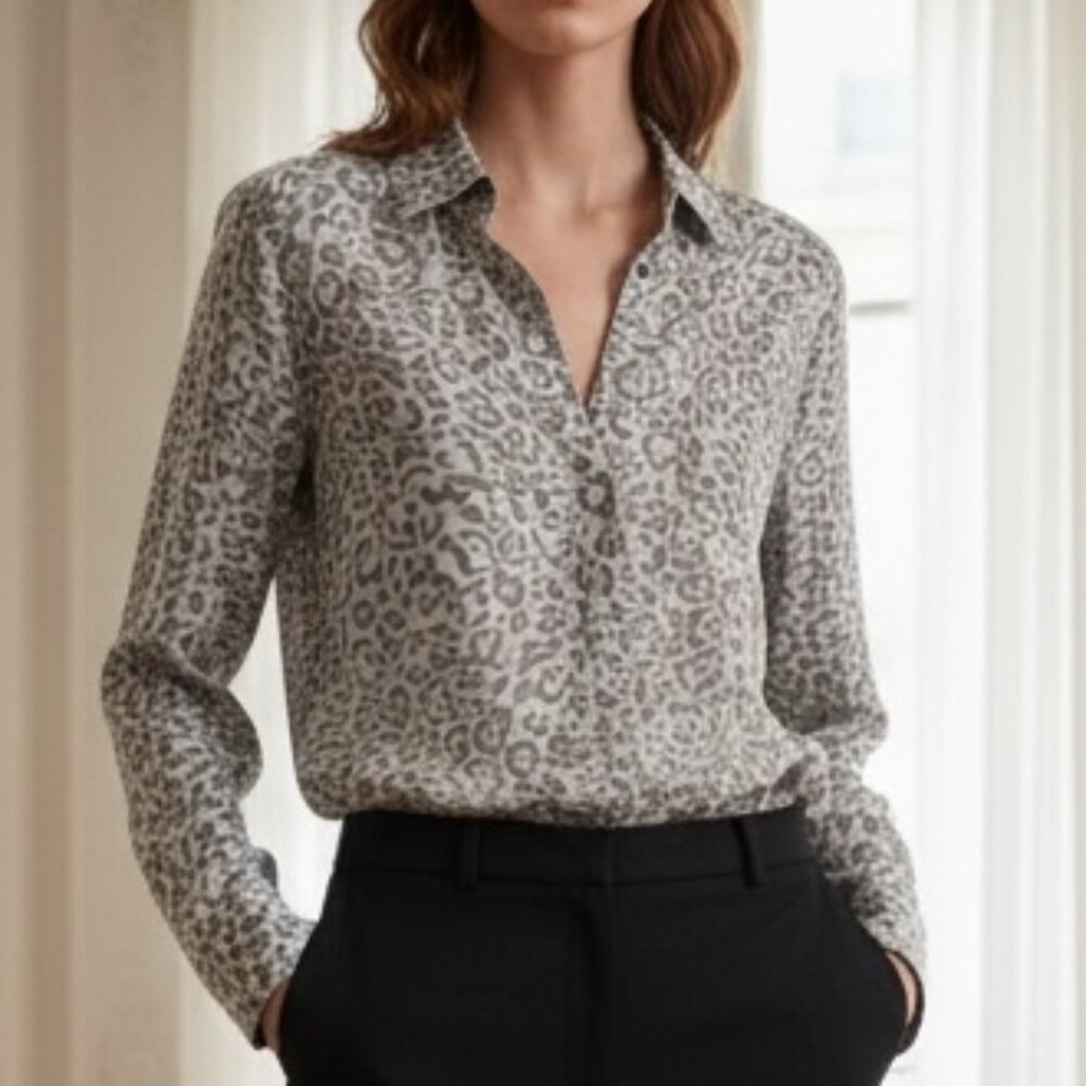 Soft Surroundings Gray Leopard Button Down Tunic Top Medium